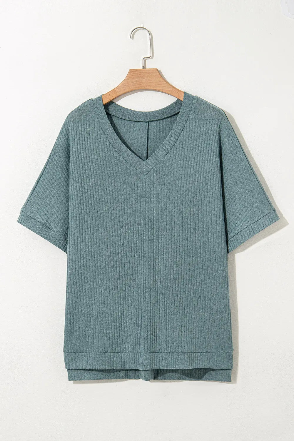 Oversized Ribbed Knit V Neck Dolman Short Sleeve Top