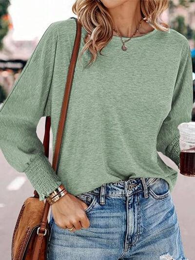 Round Neck Smocked Lantern Sleeve T-Shirt - Clothes For Her Online Store