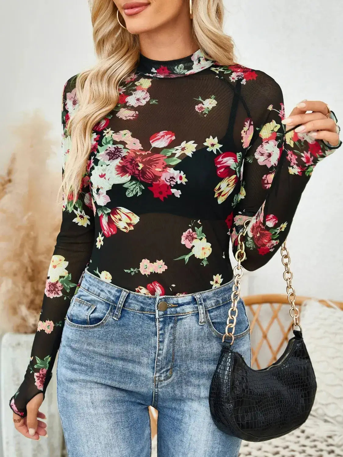 Floral Mock Neck Long Sleeve Top - Clothes For Her Online Store
