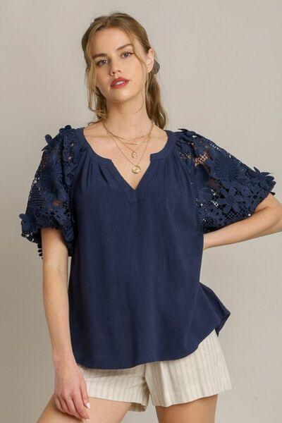 Umgee Full Size French Terry Boxy Cut Top with 3D Floral Sleeve Plus Size - Clothes For Her Online Store