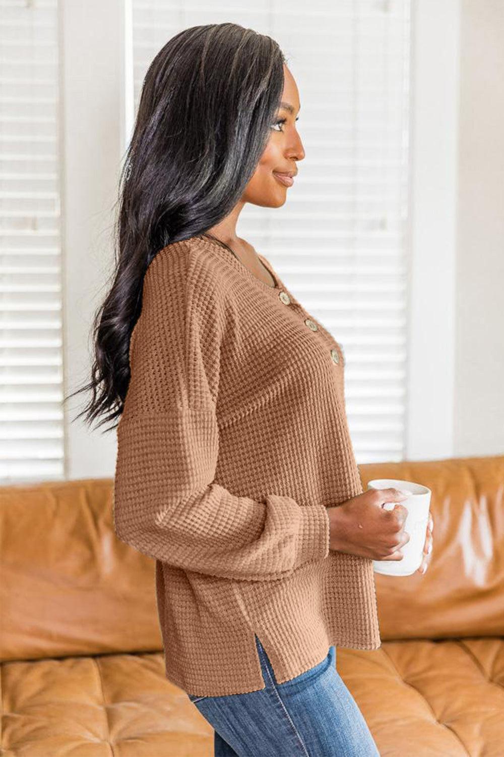 Slit Waffle Knit Long Sleeve T-Shirt - Clothes For Her Online Store