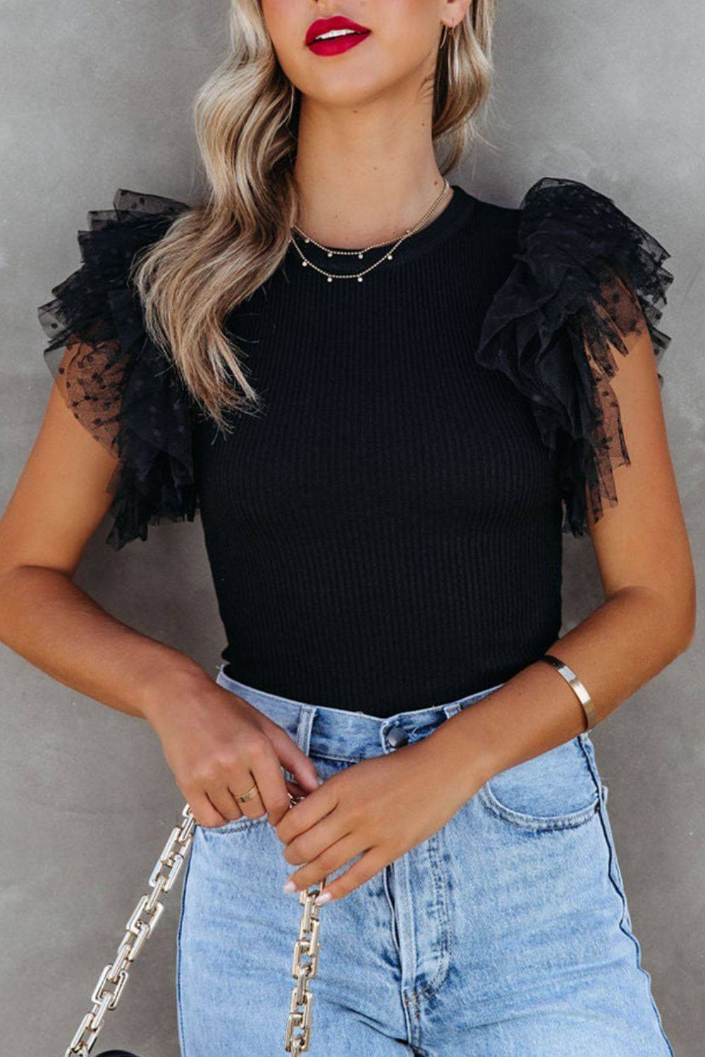 Ruffled Round Neck Cap Sleeve Blouse - Clothes For Her Online Store