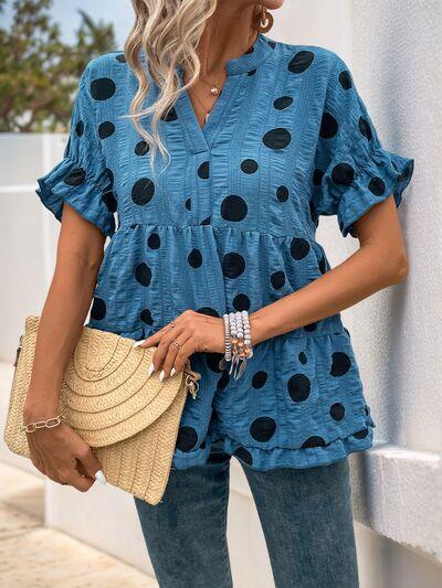 Perfee Polka Dot Notched Short Sleeve Shirt - Clothes For Her Online Store