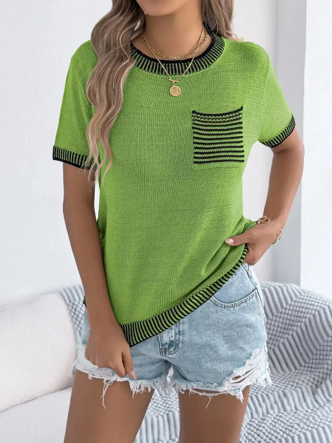 Round Neck Short Sleeve Knit Top - Clothes For Her Online Store