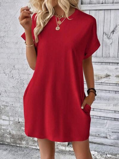 Round Neck Short Sleeve Mini Tee Dress with Pockets - Clothes For Her Online Store