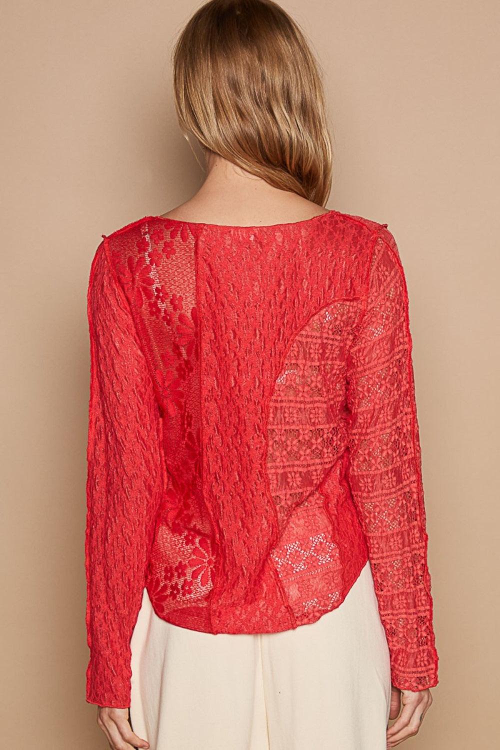 POL Exposed Seam Long Sleeve Lace Knit Top - Clothes For Her Online Store