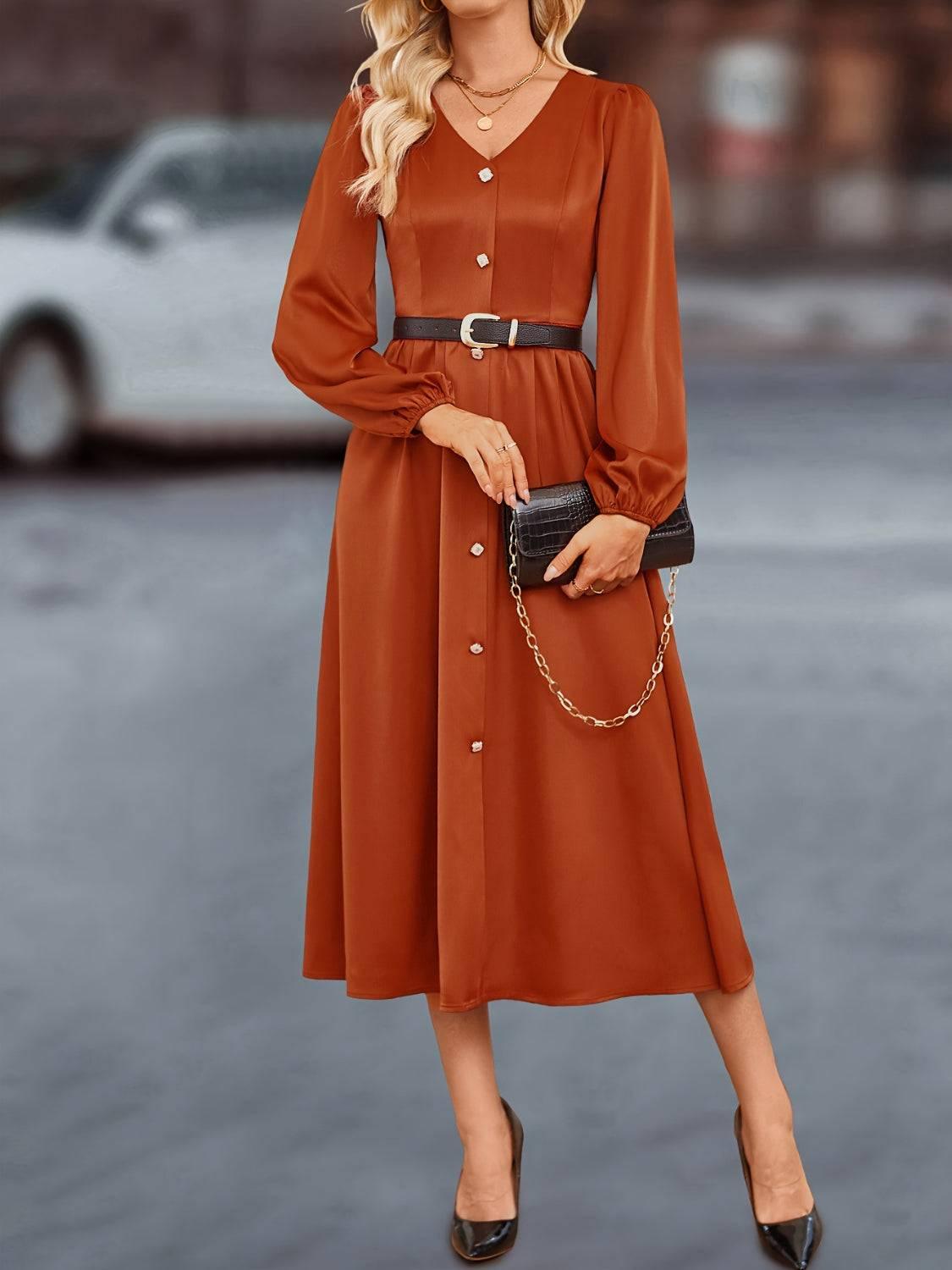 V-Neck Balloon Sleeve Midi Dress - Clothes For Her Online Store