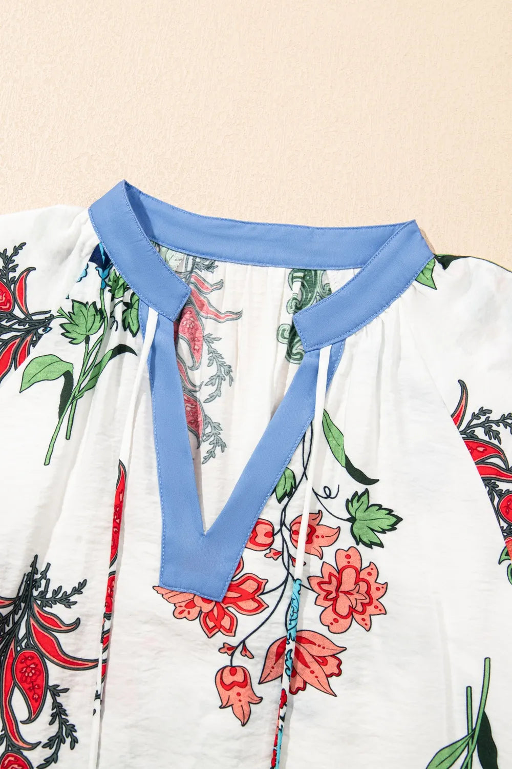 Floral Print Contrast Tassel Tie Short Sleeve Blouse