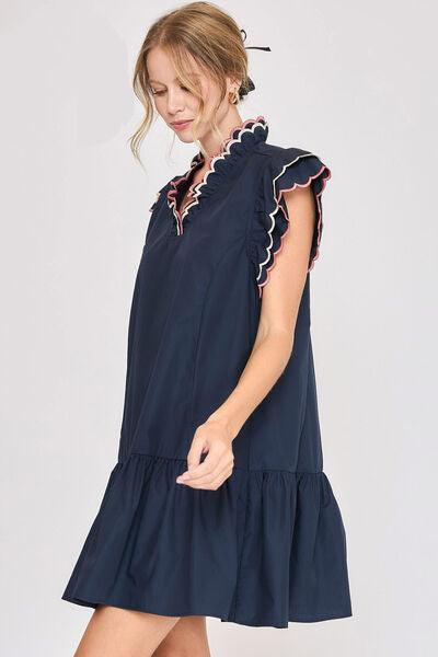 Umgee Full Size Ruffled Scalloped Sleeved Dress Plus Size - Clothes For Her Online Store
