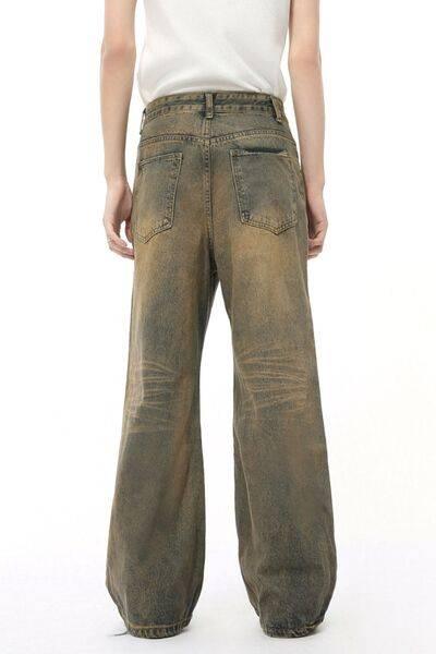 Washed Cat Whisker Straight Leg Jeans - Clothes For Her Online Store
