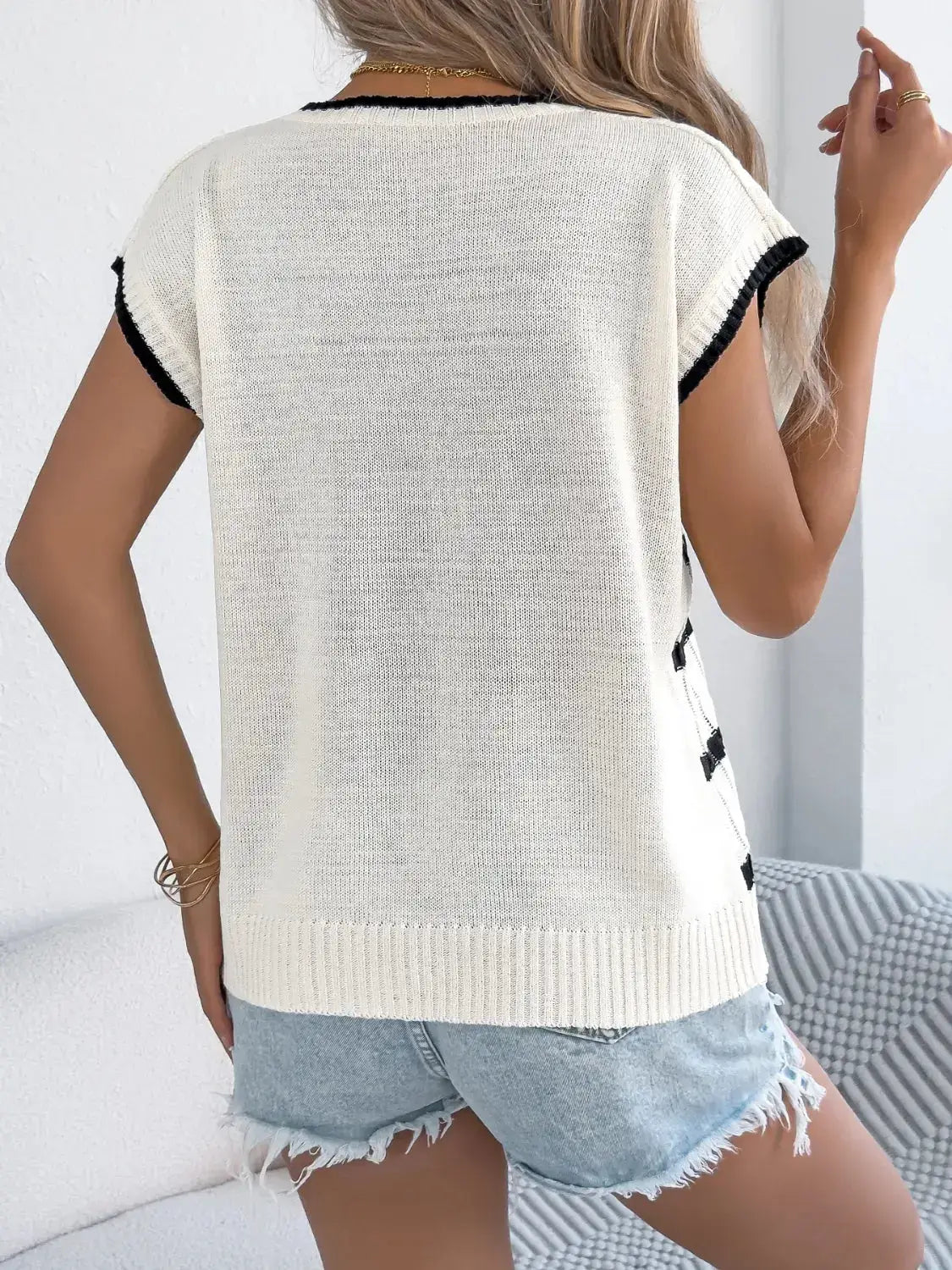 Cable-Knit Striped Round Neck Knit Top - Clothes For Her Online Store