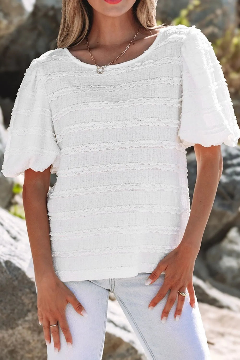 Frilled Lace Trim Bubble Sleeve Blouse