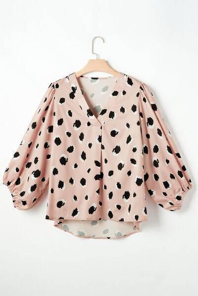 Contrast Animal Print V-Neck Long Sleeve Blouse - Clothes For Her Online Store
