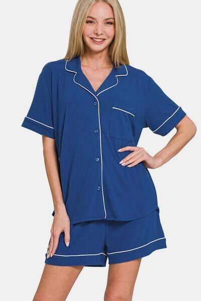 Zenana Button Down Short Sleeve Top and Shorts Lounge Set - Clothes For Her Online Store