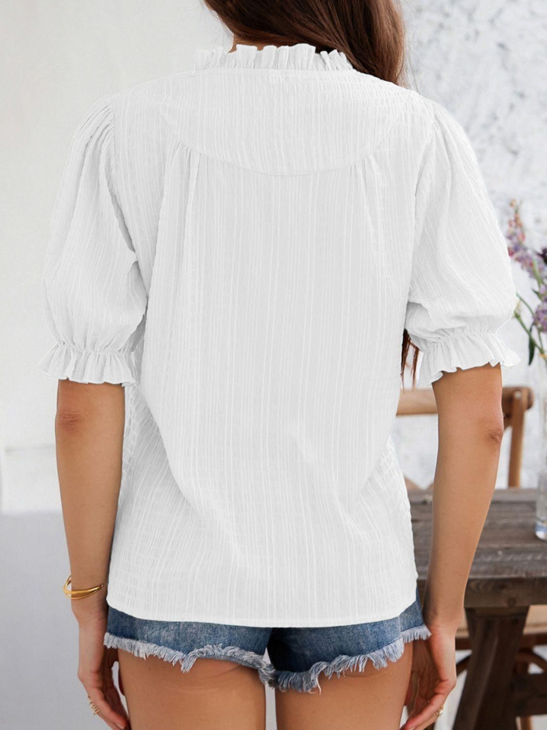 Devine Frill Notched Short Sleeve Blouse - Clothes For Her Online Store