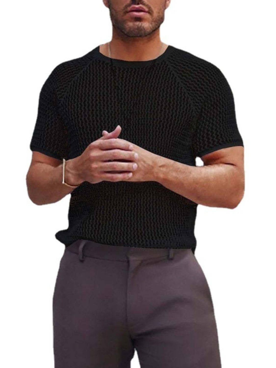 Men's Openwork Round Neck Short Sleeve T-Shirt - Clothes For Her Online Store