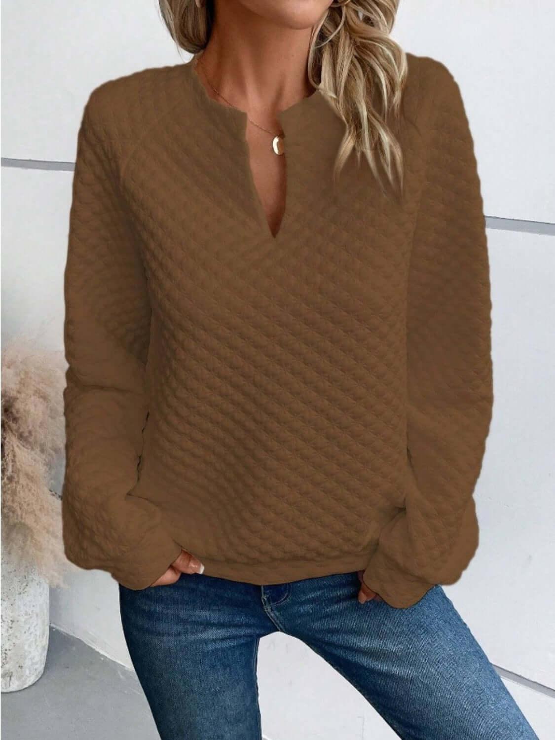 Notched Long Sleeve Sweatshirt - Clothes For Her Online Store