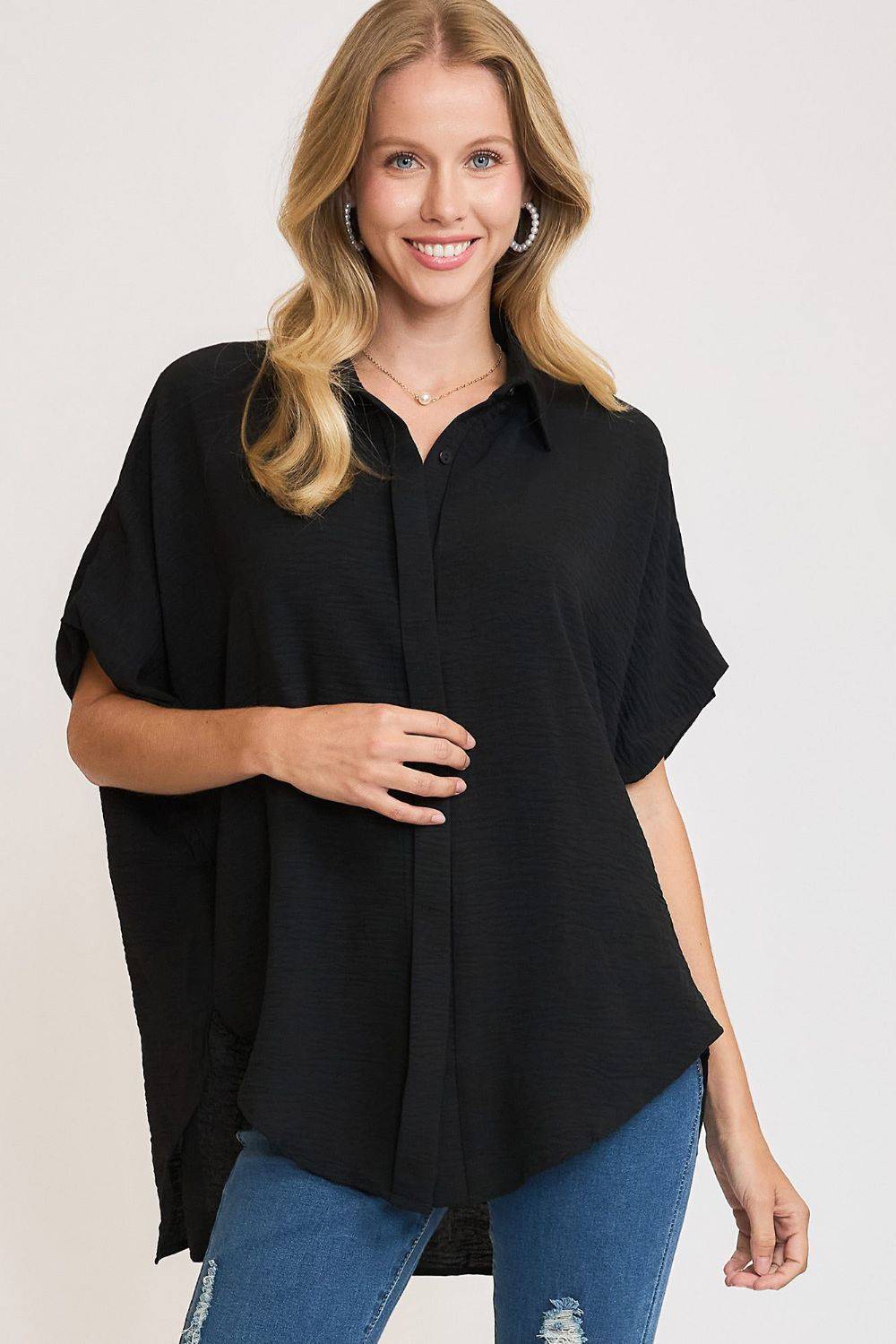 Umgee Full Size High-Low Button Up Short Sleeve Shirt - Clothes For Her Online Store