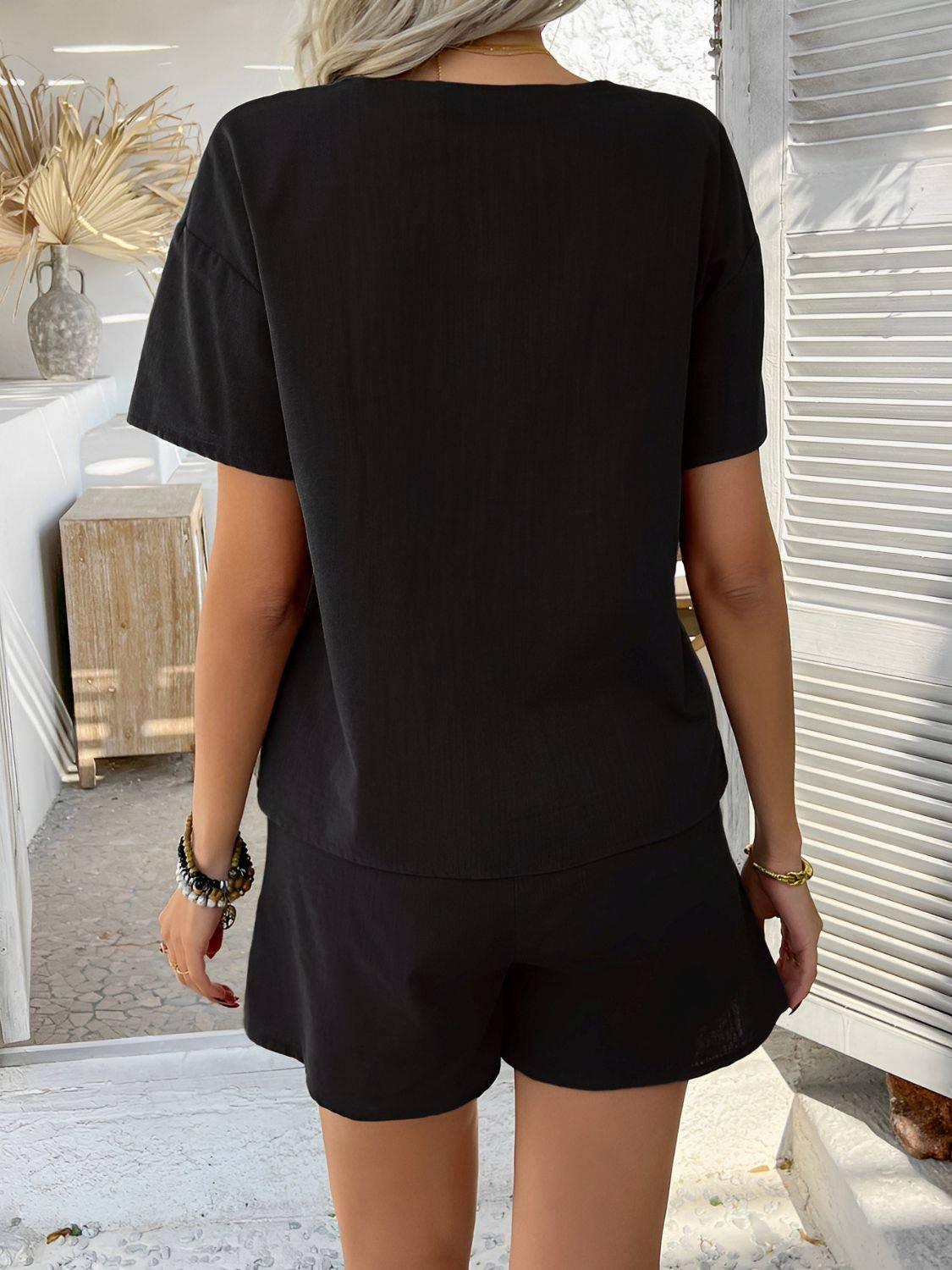 Devine Tied V-Neck Short Sleeve Top and Shorts Set - Clothes For Her Online Store
