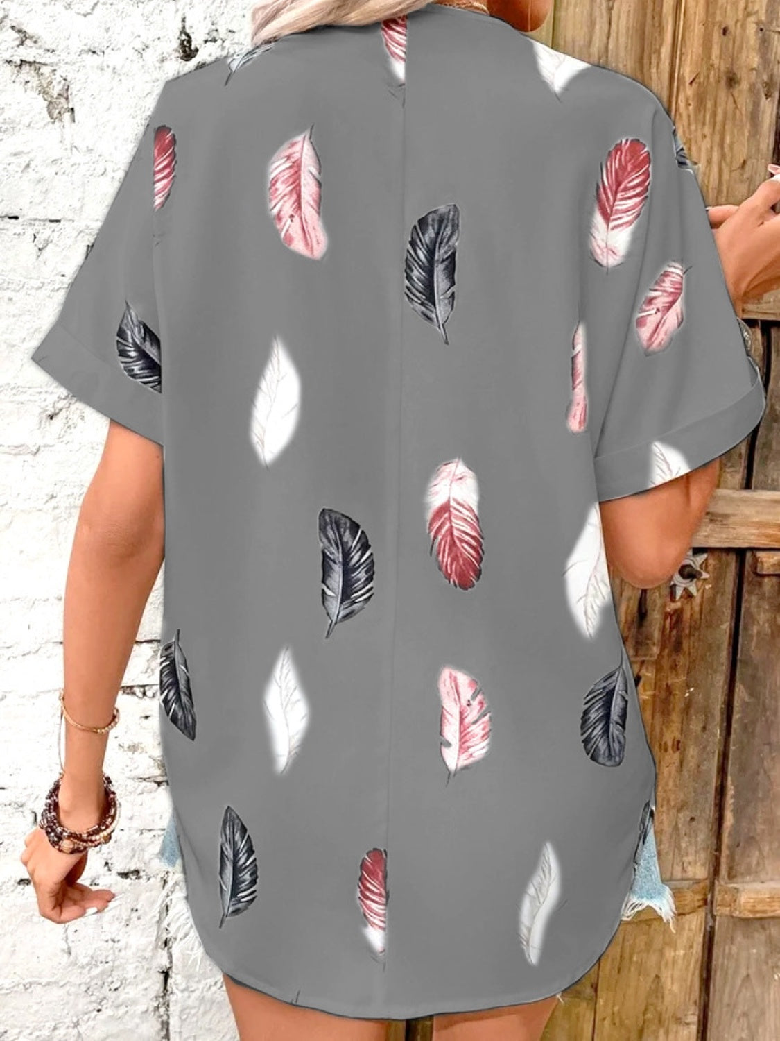 Full Size Printed Collared Neck Short Sleeve Blouse - Clothes For Her Online Store