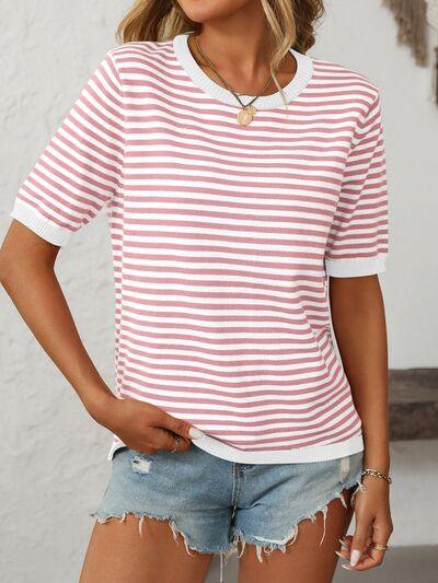 Mandy Striped Round Neck Half Sleeve Knit Top - Clothes For Her Online Store