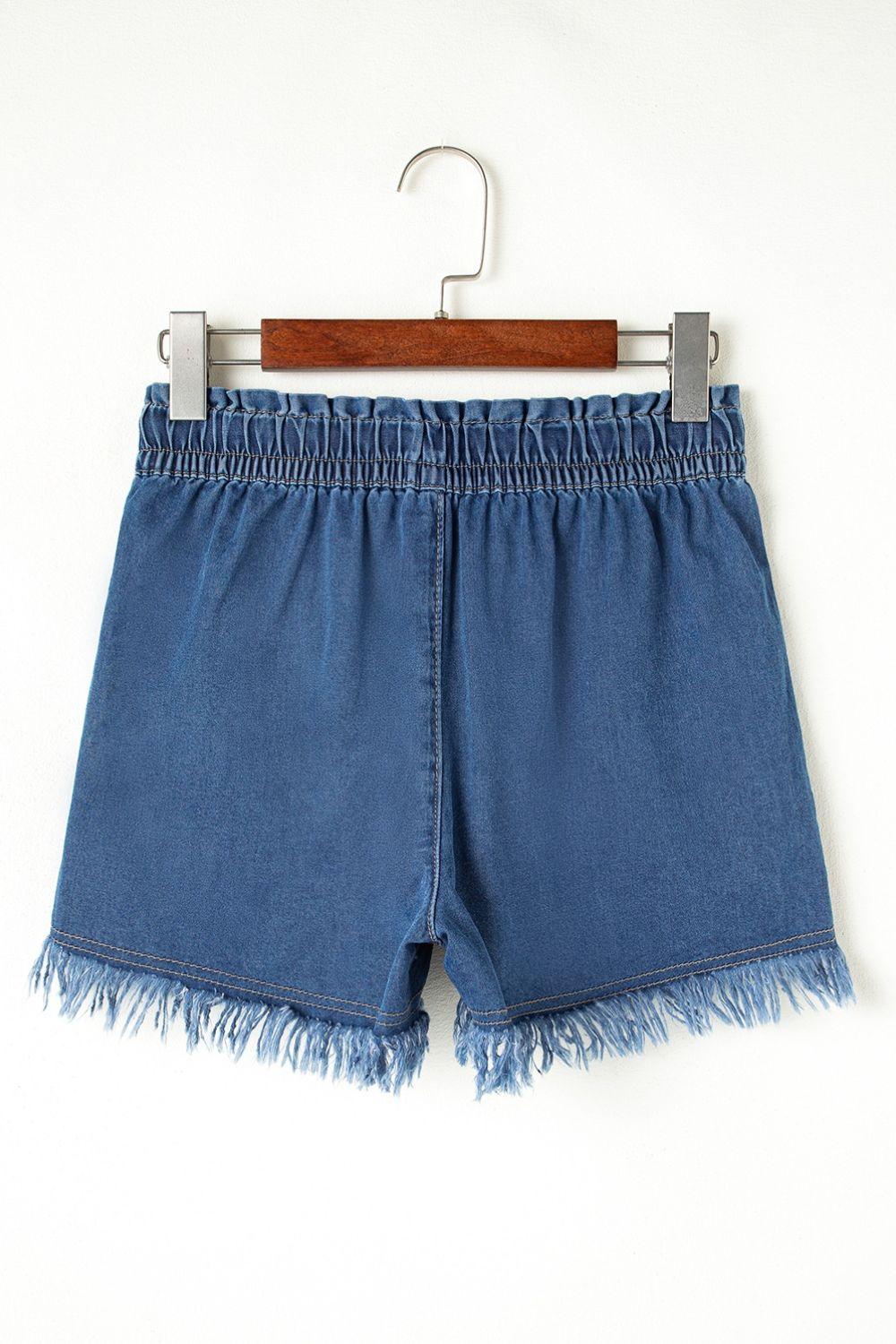 Raw Hem Drawstring High Waist Denim Shorts with Pockets - Clothes For Her Online Store