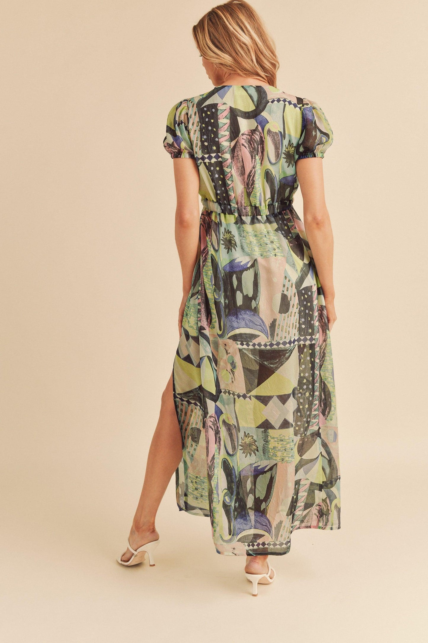 Aemi + Co Lace Detail Slit Geometric Print Short Sleeve Maxi Dress - Clothes For Her Online Store