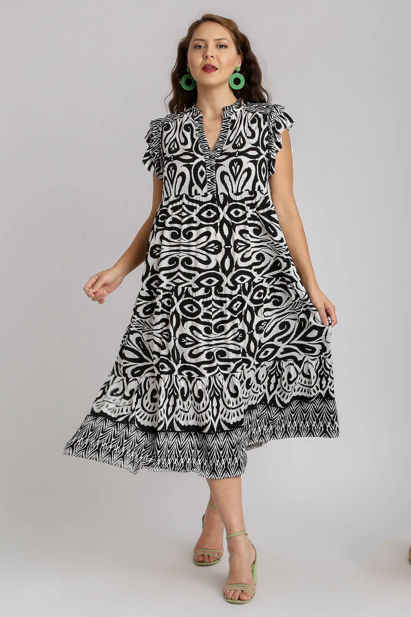 Umgee Full Size Two Tone Border Print Ruffle Cap Sleeve Midi Dress Plus Size - Clothes For Her Online Store