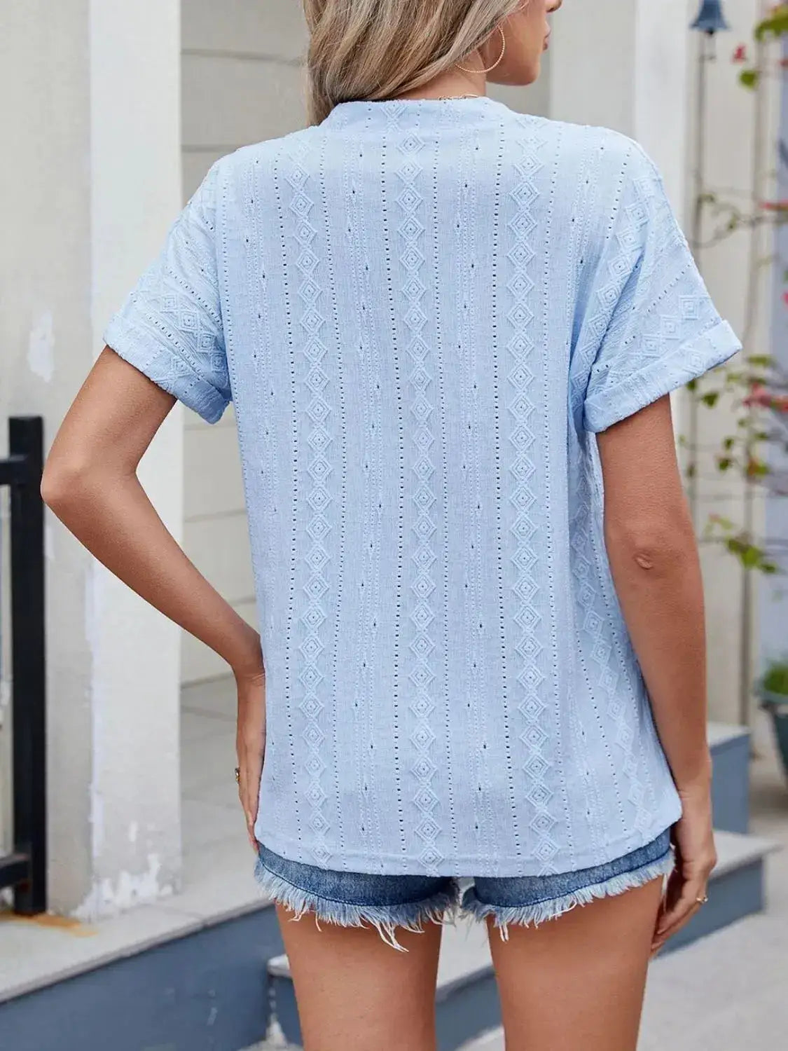 Eyelet Notched Short Sleeve Top - Clothes For Her Online Store