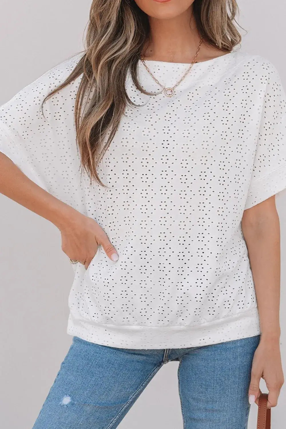 Eyelet Pattern Boat Neck Casual Tee