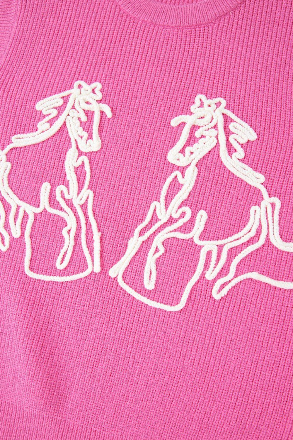 Western Horse Embroidered Round Neck Sweater - Clothes For Her Online Store