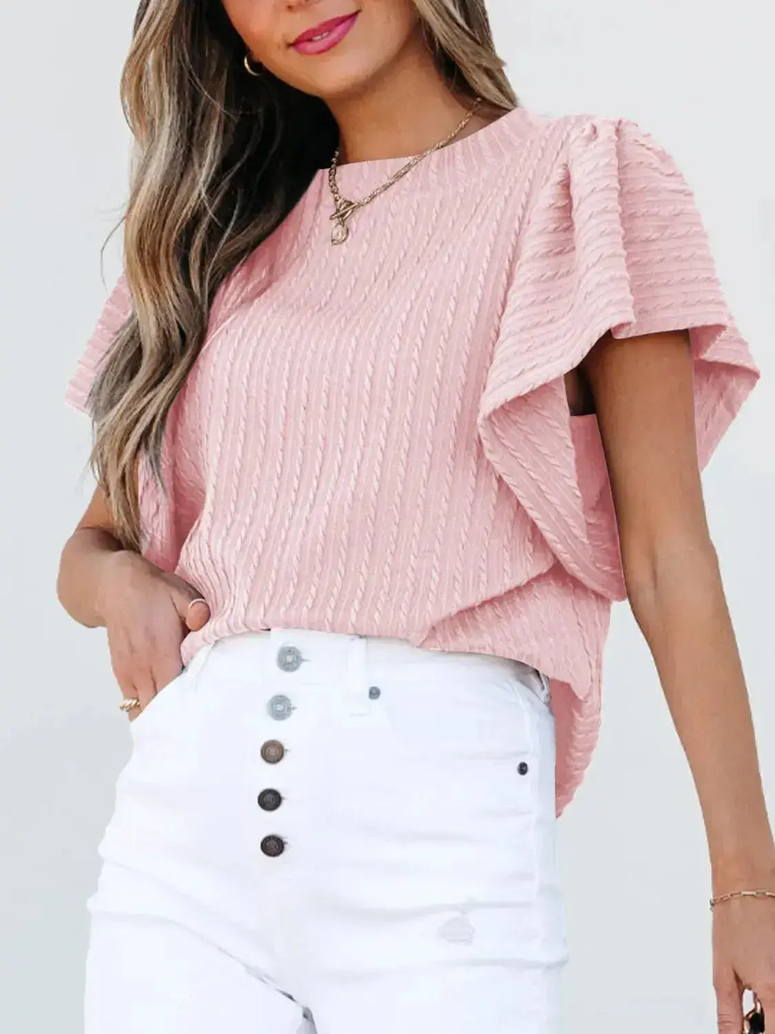 Round Neck Ruffle Sleeve Top - Clothes For Her Online Store