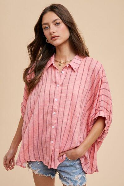 Annie Wear Striped Button Up Half Sleeve Shirt - Clothes For Her Online Store