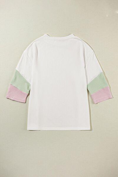 Color Block Ribbed Knit Three-Quarter Sleeve Top - Clothes For Her Online Store