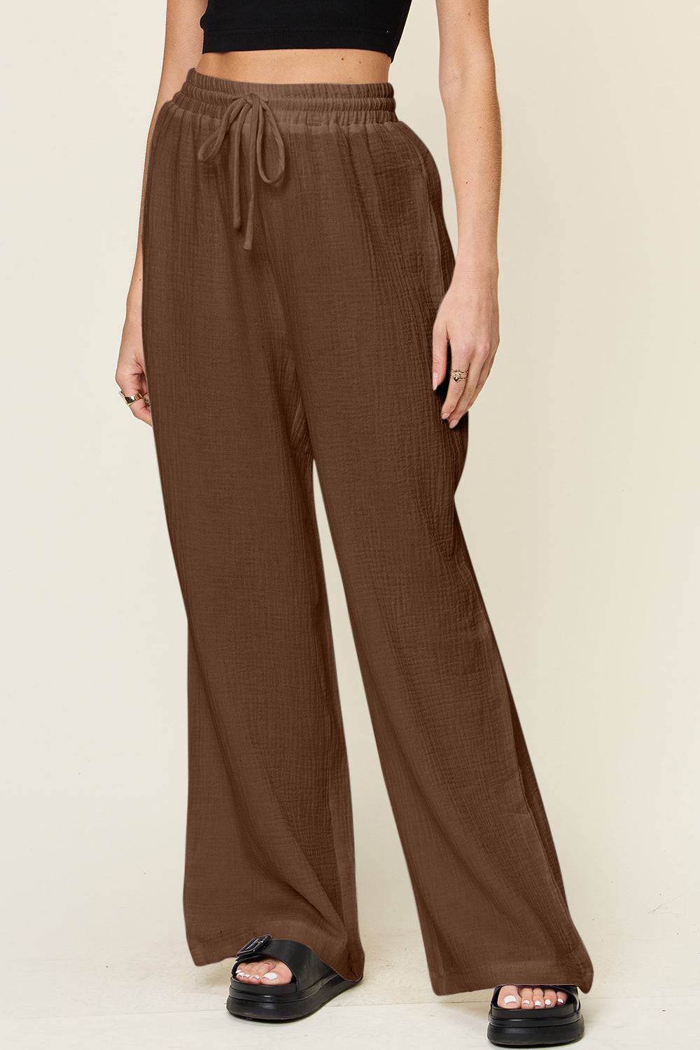 Double Take Full Size Texture Drawstring Wide Leg Pants - Clothes For Her Online Store