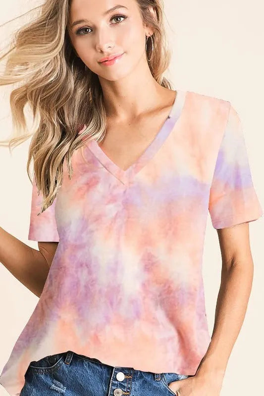 BiBi Tie Dye French Terry V Neck Top