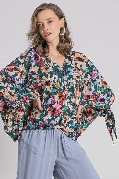 Umgee Full Size Floral V-Neck Tie Sleeve Blouse Plus Size - Clothes For Her Online Store
