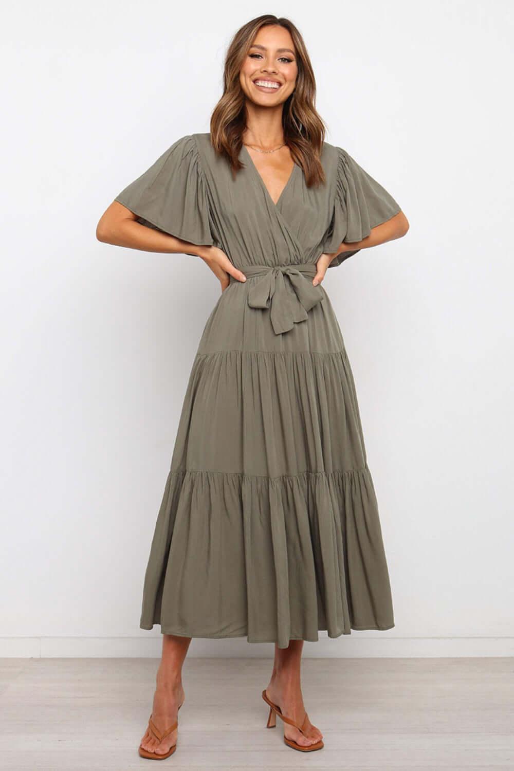 Tied Tiered Short Sleeve Midi Dress - Clothes For Her Online Store