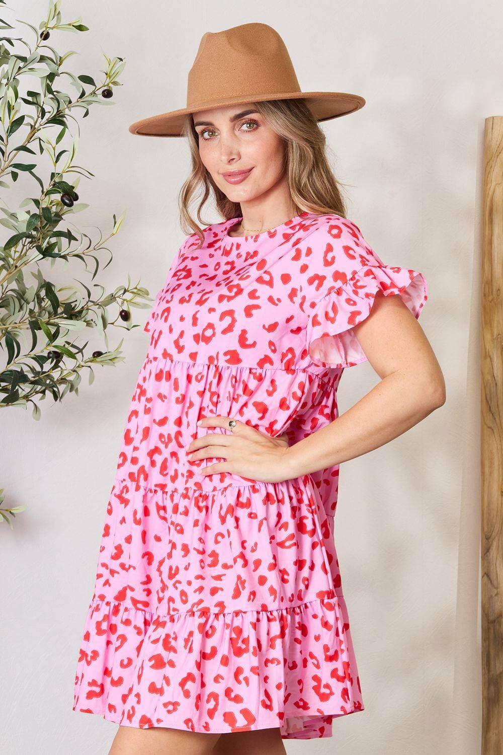 Double Take Short Flounce Sleeve Tiered Dress - Clothes For Her Online Store