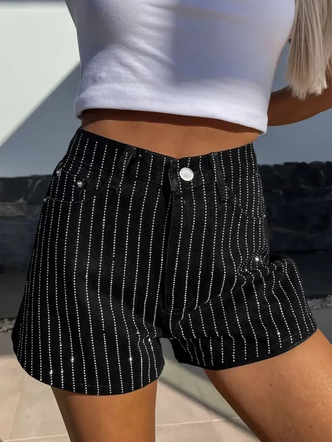 Rhinestone High Rise Denim Shorts