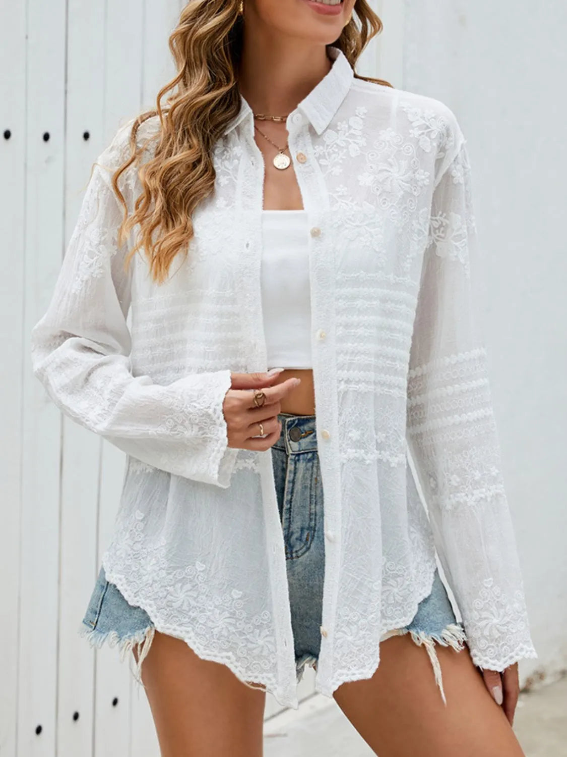 Button Down Collared Neck Long Sleeve Shirt