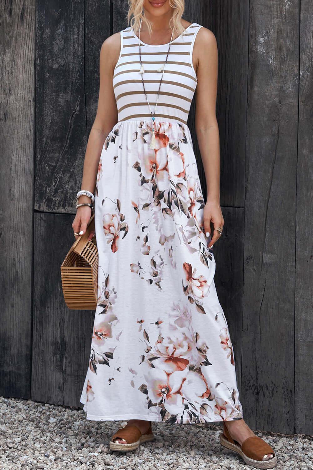 Striped Floral Round Neck Sleeveless Maxi Dress - Clothes For Her Online Store