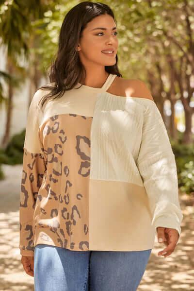 Plus Size Leopard Color Block Long Sleeve T-Shirt - Clothes For Her Online Store