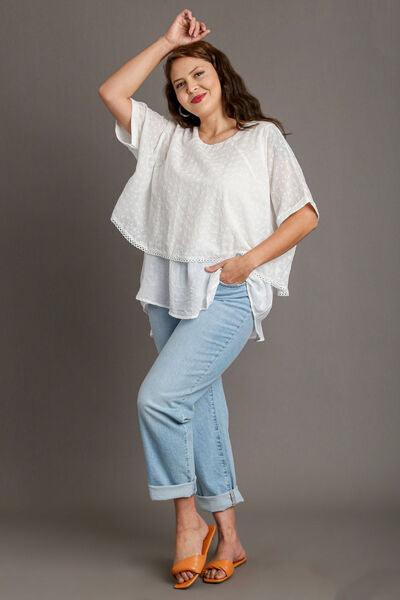 Umgee Full Size Eyelet Layered Short Sleeve Blouse Plus Size - Clothes For Her Online Store