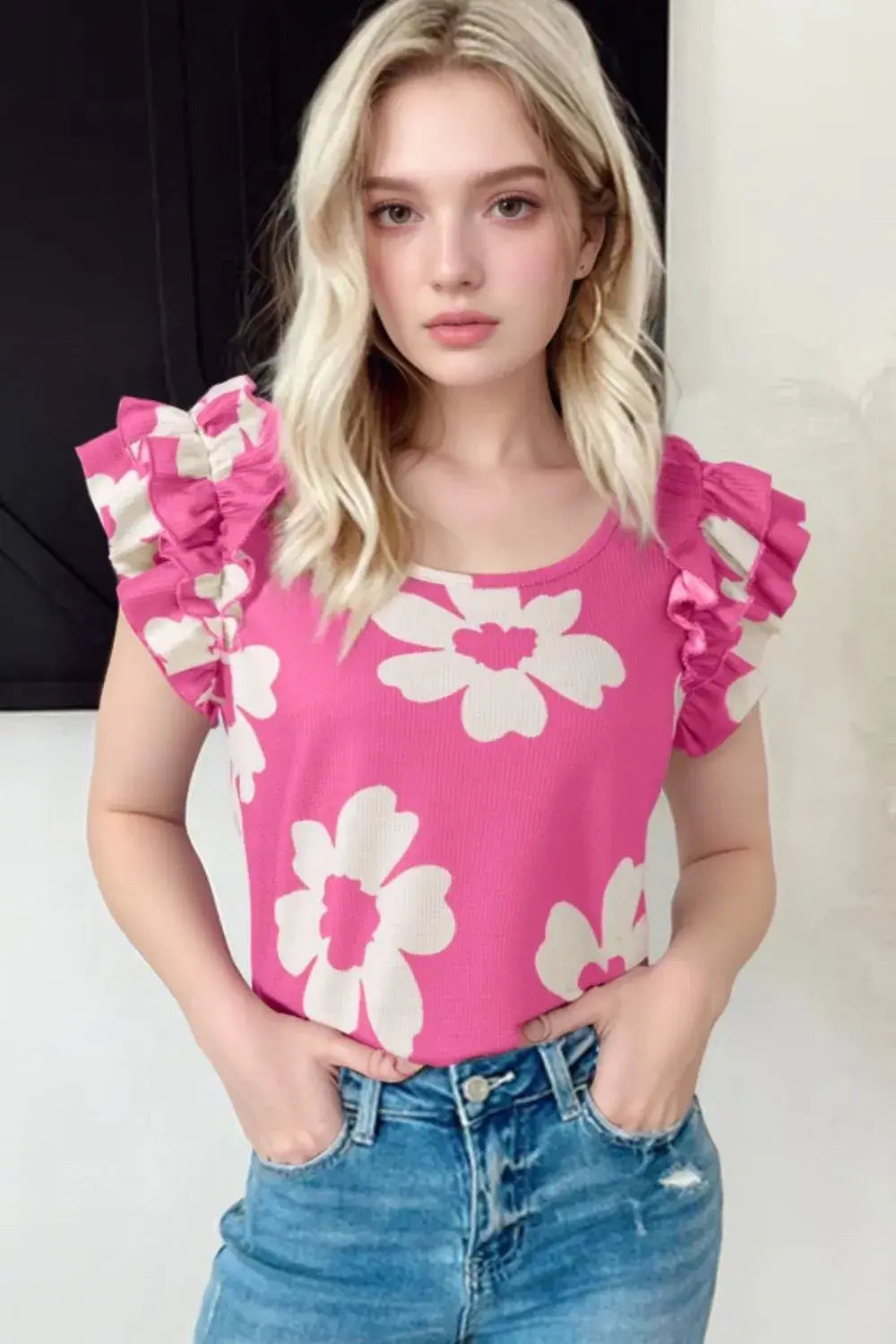 Flower Round Neck Ruffled Sleeve Top