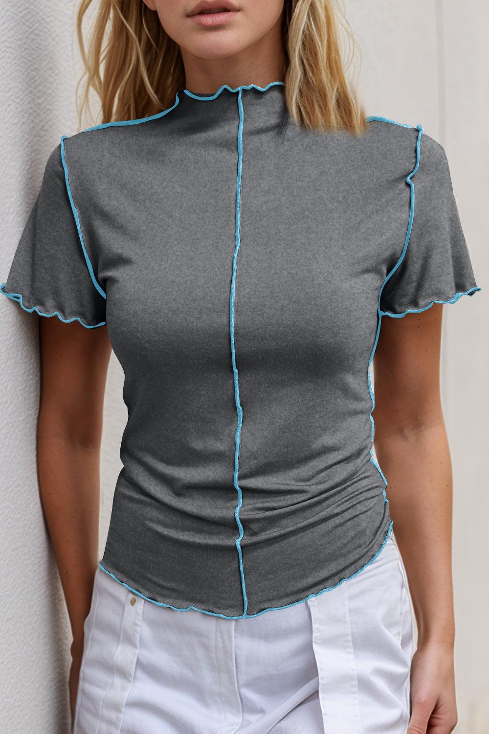 Basic Bae Contrast Trim Mock Neck Short Sleeve T-Shirt - Clothes For Her Online Store