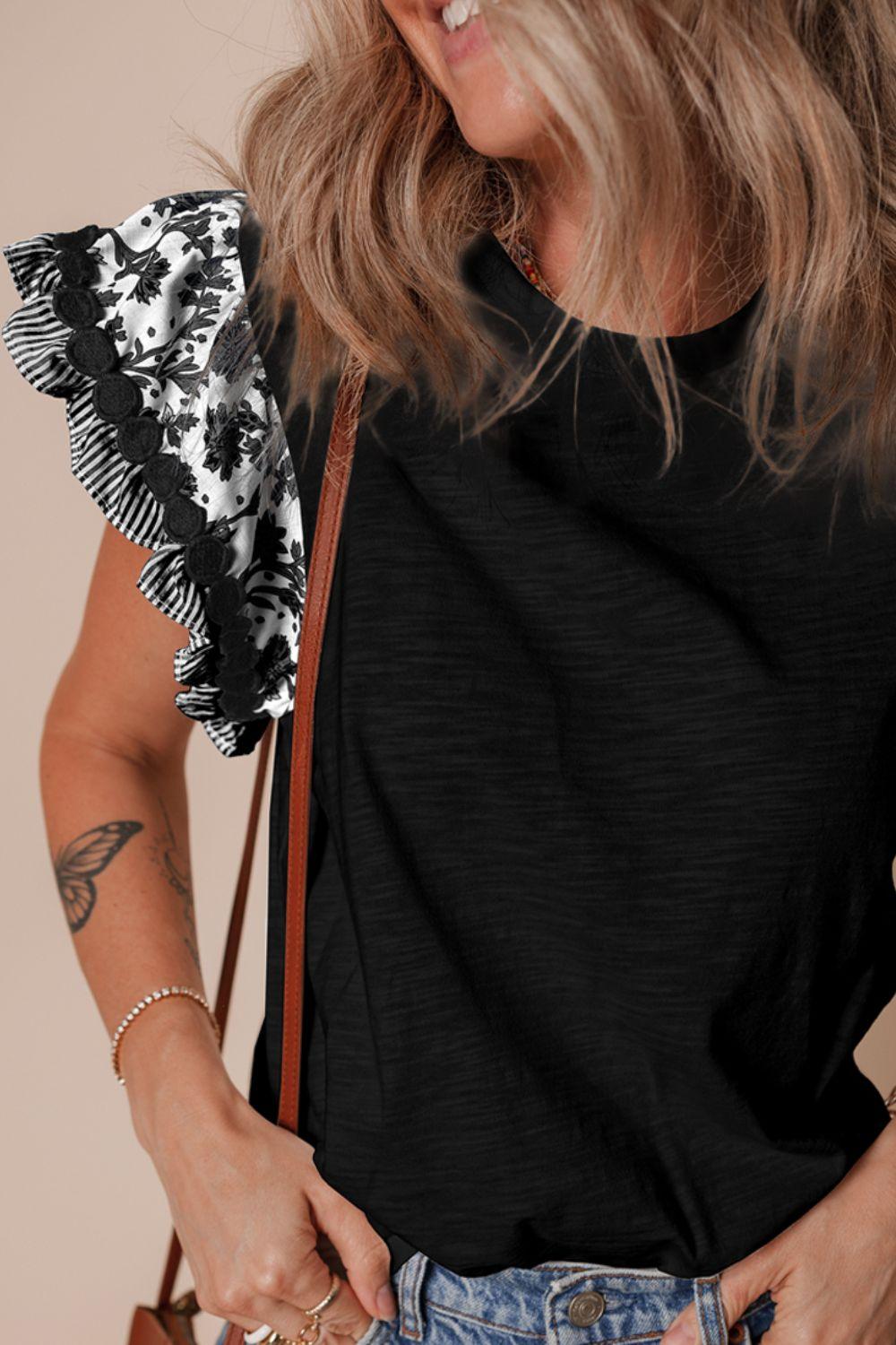 Round Neck Printed Ruffled Cap Sleeve Blouse - Clothes For Her Online Store