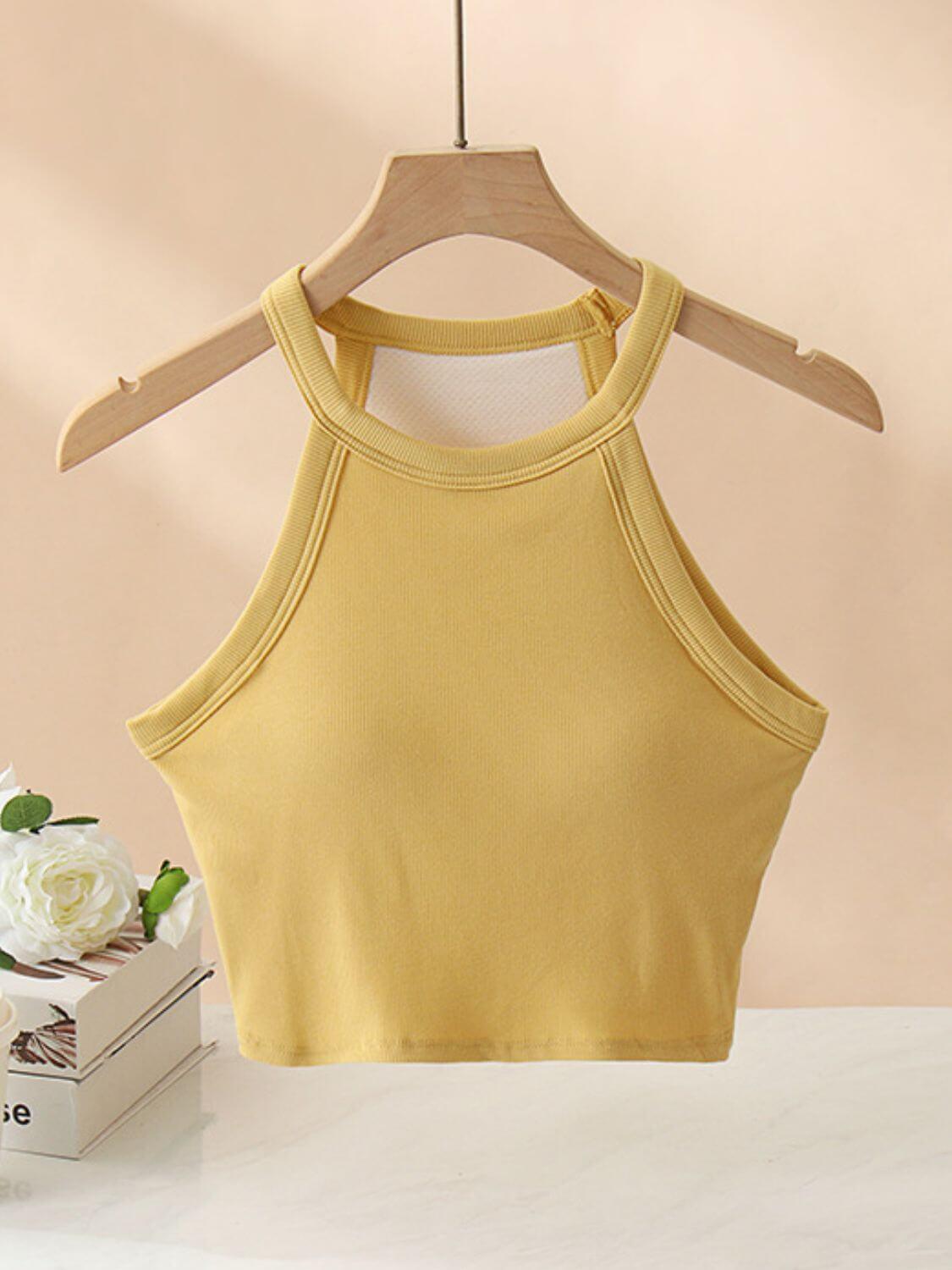 Ribbed Grecian Neck Cropped Tank with Chest Pads - Clothes For Her Online Store