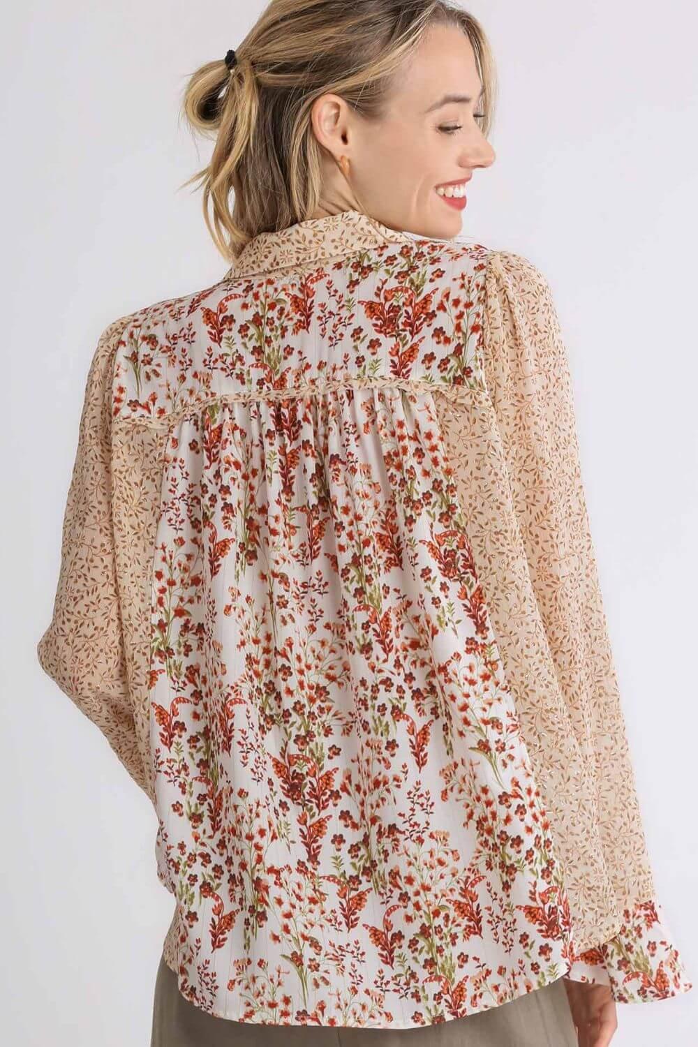 Umgee Full Size Mixed Print Metallic Detail Long Ruffle Sleeve Button Down Shirt Plus Size - Clothes For Her Online Store