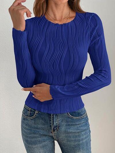Textured Round Neck Long Sleeve Top - Clothes For Her Online Store